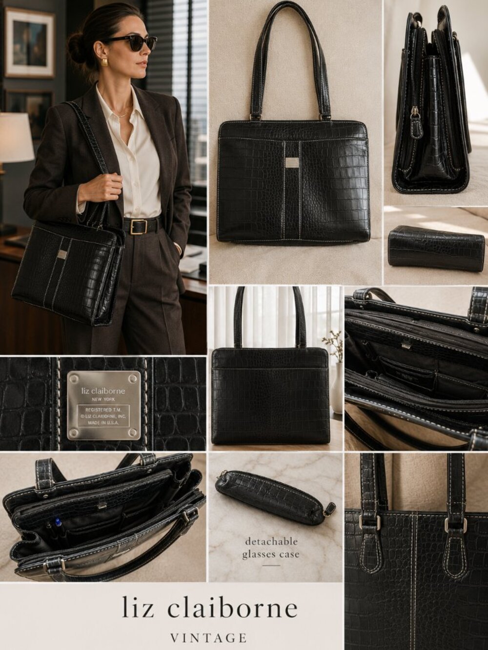 Vintage Liz Claiborne Faux Croc Executive Tote Bag ~ Detachable Glasses Case - Picture 7 of 7